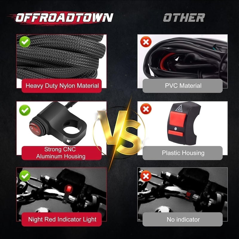 OFFROADTOWN 1 Lead LED Light Bar Wiring Harness Kit w/Motorcycle Handlebar Switch 7/8" 12V 40A Relay Fuse Nylon Wire Harness for ATV Dirt Bike Snowmobile Motorcycle Lights - Image 4